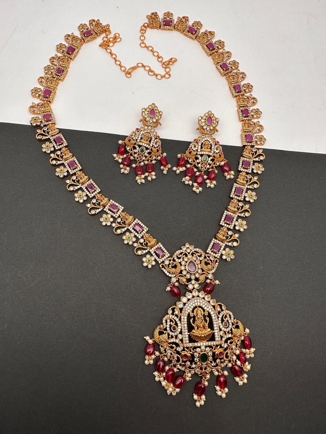 Temple Jewelry, Goddess Lakshmi Red Beads CZ Matte Finish Necklace - Etsy
