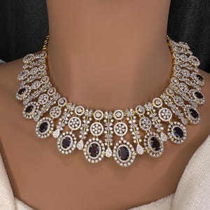 Purple Amethyst American Diamonds Statement  Neckline Necklace/ CZ Necklace/ Indian Jewelry/ Pakistani Jewelry
