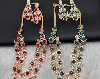 American Diamond Double Layer Necklace Set - Indian Pakistani Jewelry