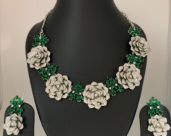CZ Floral Necklace, Green Accent, Statement Jewelry