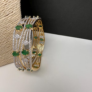 CZ Emerald Gold Bangles ,AD Indian Bangles, Pakistani Jewelry, Green CZ Bangles
