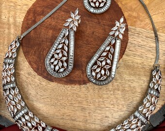Marquis AD Clear Stone Necklace, Earrings, and Mang Teeka Set