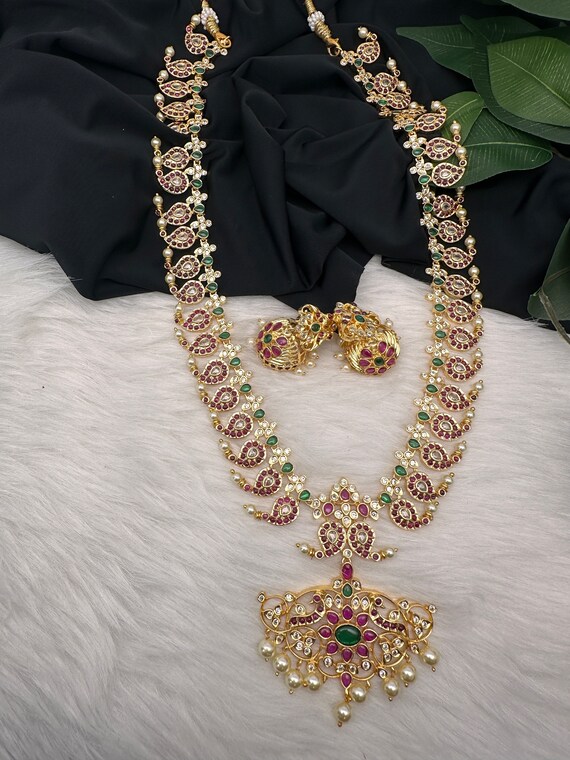 Kemp Stone Indian Necklace with Jhumkas, Gold Polish Mango Mala