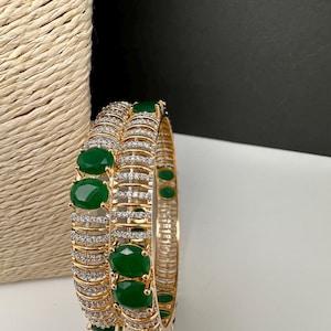 Diamond Emerald Gold Bangles ,CZ Indian Bangles, Pakistani Jewelry, Green CZ Bangles
