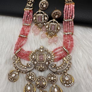Kundan Moissanite Pink Beads Pendent Multi Layer Beads Necklace/ Indian Jewelry/ Pakistani jewelry
