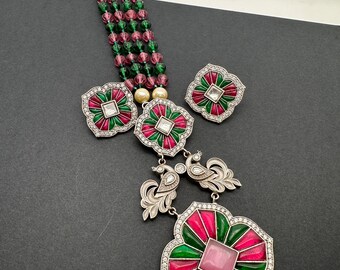 Oxidized German Silver Kundan Necklace Set, Pink Green Stone – Garba Jewelry