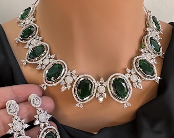 Silver CZ Green Necklace and Earrings Set