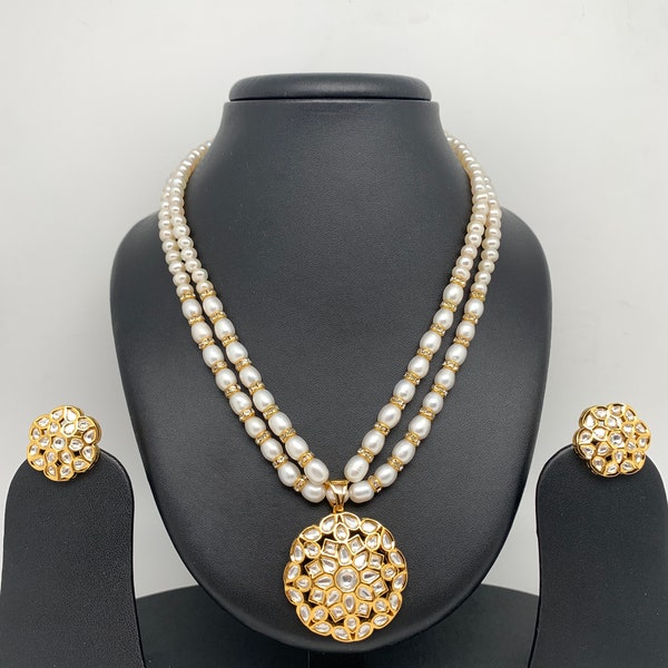 Pearl Necklace, Kundan Pendent Set with Real Pearls Necklace , Fresh Water Pearls Necklace, Hyderabadi pearls Mala