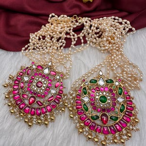 Jadau Kundan Red Green Pendent with Rice Pearls Mala