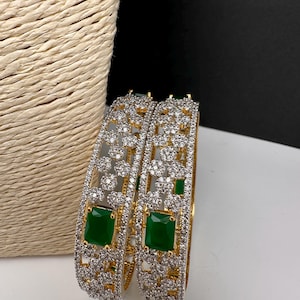 Bangles Diamond Emerald Gold Bracelet ,CZ Indian Kada, Pakistani Jewelry, Green CZ Bangles