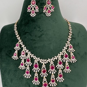 American Diamonds Red Neckline Necklace/ CZ Necklace/ Indian Jewelry/ Pakistani Jewelry