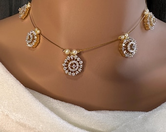 Dainty Invisible Chain AD Neckline Necklace, Indian Jewelry, Pakistani Jewelry