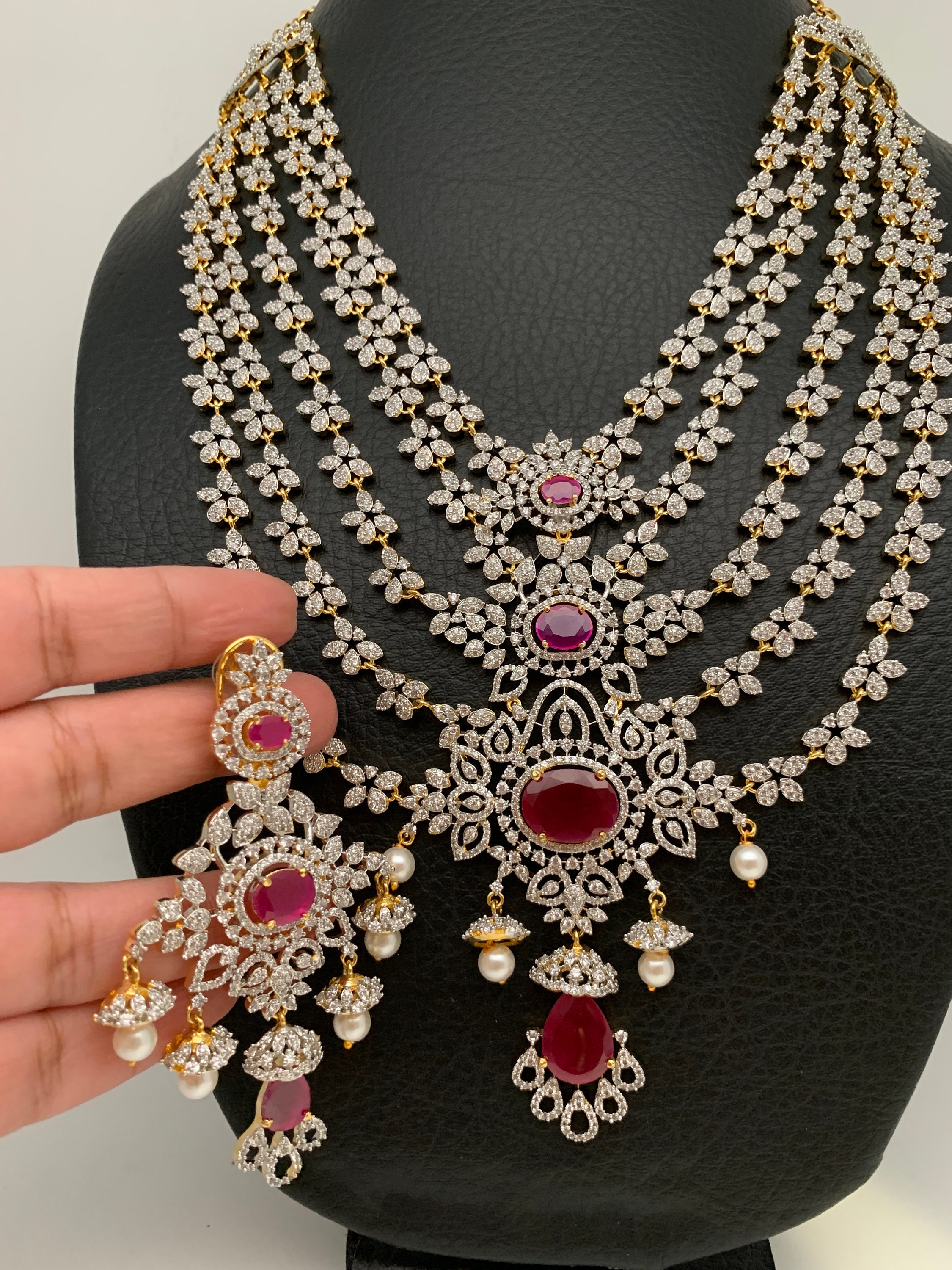 American Diamond 5 Layer Panch Lada Ruby Stone Medium Long Necklace,  Pakistani Jewelry, Cubic Zirconia Necklace,5 Lada, Bridal Jewelry - Etsy