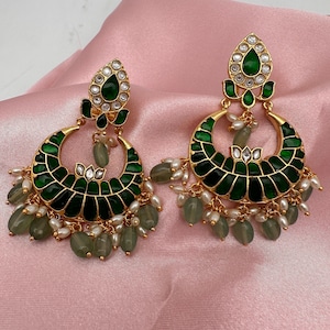 Jadau Kundan Emerald Beads Chandbali Earrings
