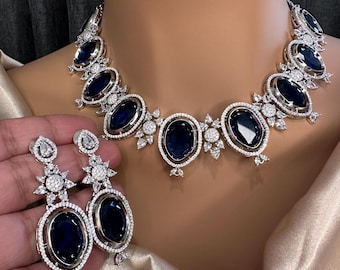 Blue CZ Sapphire Doublet Silver Finish Neckline Short Necklace, Cubic Zirconia Necklace