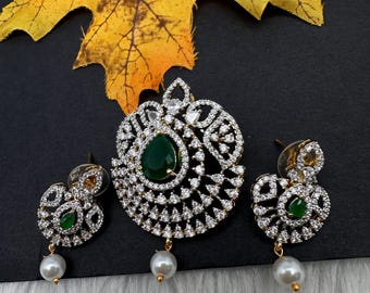 Emerald CZ Pearl Locket Set - Indian Pakistani Jewelry