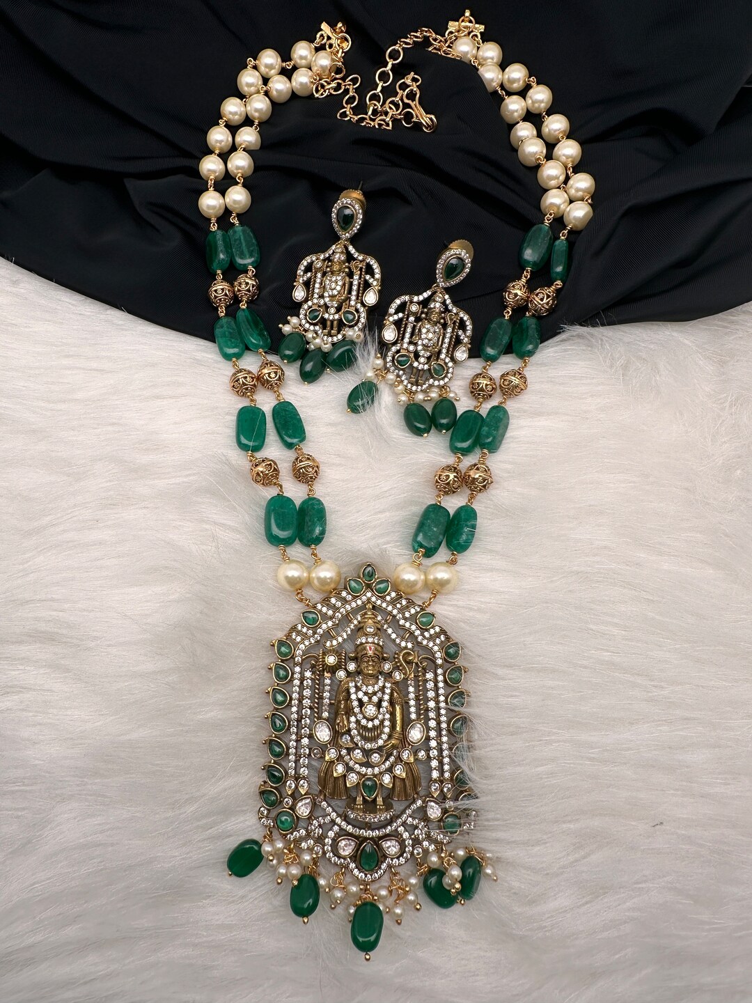 Balaji Green Beads Pearls Necklace Venkateswara Tar Mala Etsy