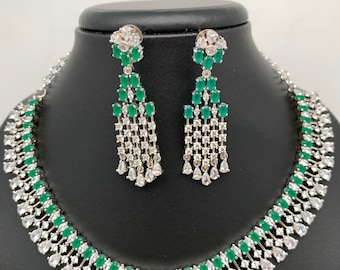 Emerald Green CZ Necklace, Silver Polish AD, Indian Jewelry