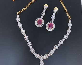 Baguette Stones American Diamond and RedStone Short Necklace
