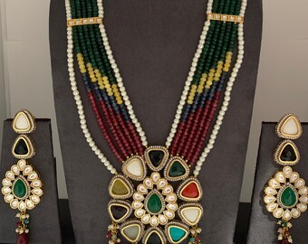 Kundan Navratan Stone Pendent Multi Color Beads Mala Necklace