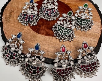 Oxidized Kundan Earrings/ German Silver Earrings/ Color Stone Earrings Indian Jewelry