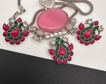 Oxidized German Silver Kundan Necklace Set: Pink Stone, Garba Jewelry