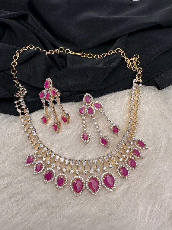 Ruby Red AD Necklace Set, Indian Pakistani Jewelry