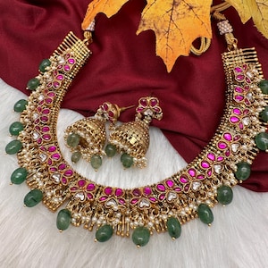 Jadau Kundan Traditional Pink Green Necklace Jhumkas, Indian Jewelry, Pakistani Jewerly