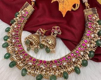 Jadau Kundan Traditional Pink Green Necklace Jhumkas, Indian Jewelry, Pakistani Jewerly