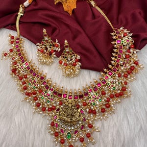Jadau Kundan Coral Rice Pearls Guttapusallu Necklace, Temple Indian Jewelry