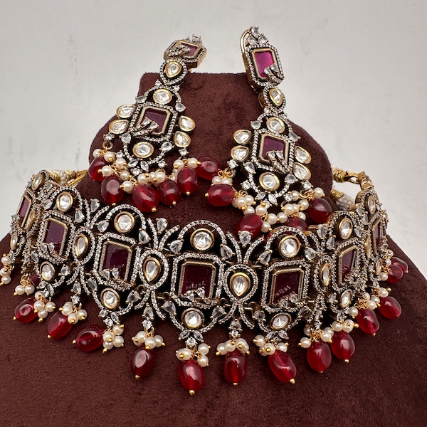 Victorian Kundan Choker Necklace/ Red Moissanite choker/Pakistani Jewelry/ Indian Jewelry