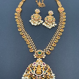 Temple Jewelry, Indian Jewelry, Goddess Lakshmi Peacock Multi Stone Pearls Long Necklace