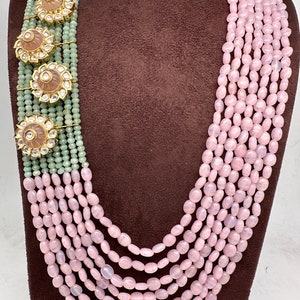 Kundan Pink and Mint green Necklace, Multi Layer Long Beads Haar Neckalce