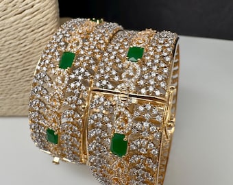 Openable Bangles Diamond Emerald Green ,CZ Indian Bangles, Pakistani Jewelry, Bracelets/Kada