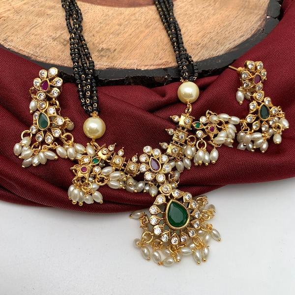 Mangalsutra Black Beads Necklace, Guttapusalu CZ Red Green Stone and Pearls Necklace