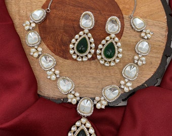 Polki Kundan Necklace, Green Carved Stone Silver Polish Short Necklace