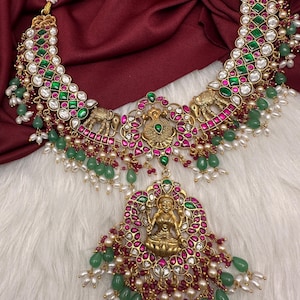 Jadau Kundan Emerald Pearls Goddess Lakshmi Elephant Traditional Necklace, Indian Jewelry