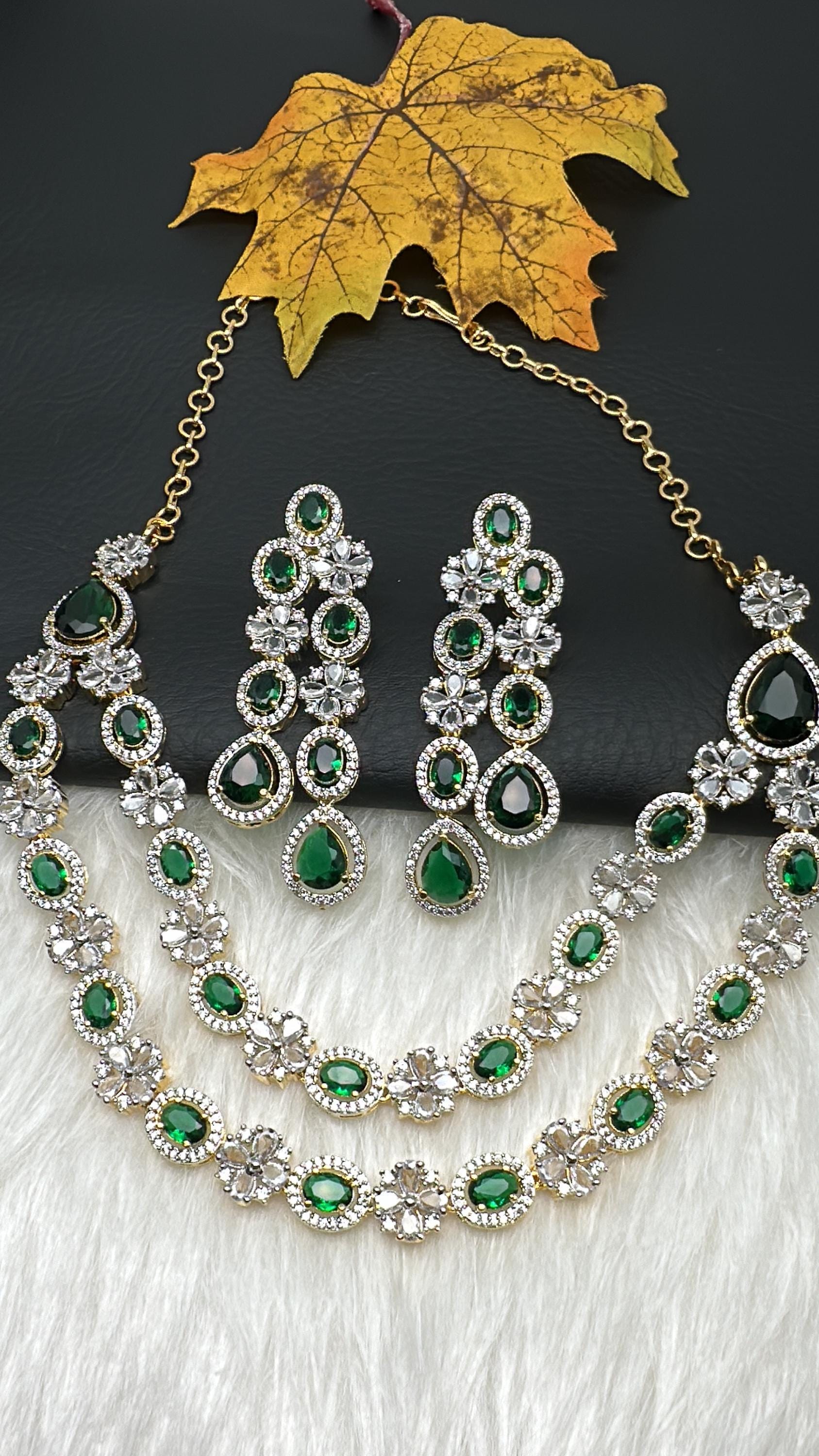 AD Double Layer Green Short Necklace Pakistani Jewelry Indian Jewelry