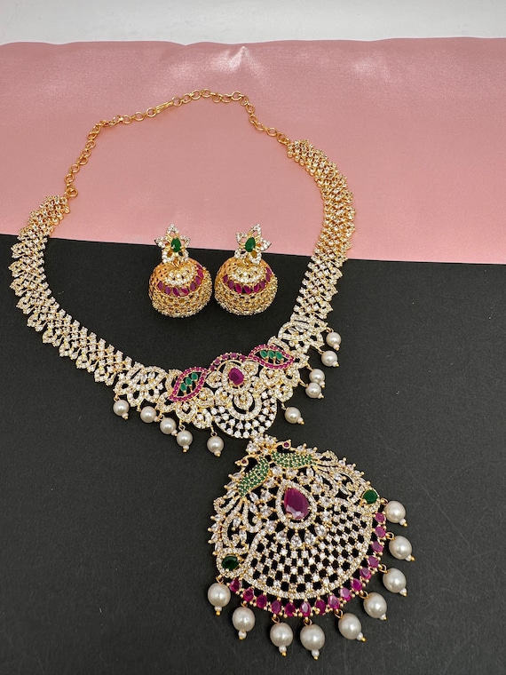 Indian Jewelry, Pakistani Jewelry, Gold AD Necklace with Jhumkis