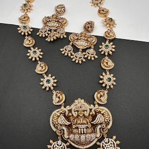 Temple Nakshi Goddess Lakshmi Long Harram Necklace, Indian Jewelry
