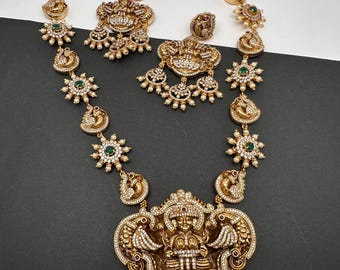 Temple Nakshi Goddess Lakshmi Long Harram Necklace, Indian Jewelry