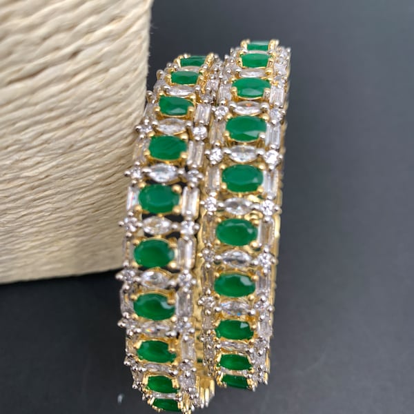 Indian Bangles, Pakistani Jewelry, Emerald Bangles, Green Bangles, American Diamond Emerald Bangles
