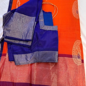 Pure Kanchi Silk Orange Blue Saree Blouse