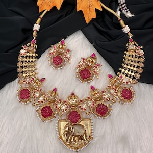 Nakshi Elephant Red Jadau Necklace/ Indian Jewelry/Jadau Kundan Necklace/ Temple Jewelry