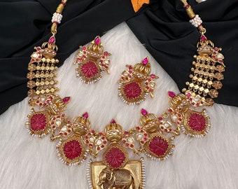 Elephant Nakshi Jadau Necklace, Red Kundan Indian Jewelry