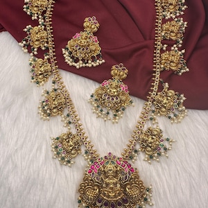 Temple Jewelry Goddess Lakshmi Nakshi Long Harram Necklace, Indian Jewelry