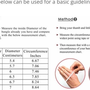 Puede incluir: Una tabla de instrucciones para tallas de brazaletes con dos m&eacute;todos. El m&eacute;todo 1 muestra un brazalete con una regla midiendo el di&aacute;metro interior. El m&eacute;todo 2 ilustra c&oacute;mo medir la circunferencia de la mano. Una tabla enumera las tallas.