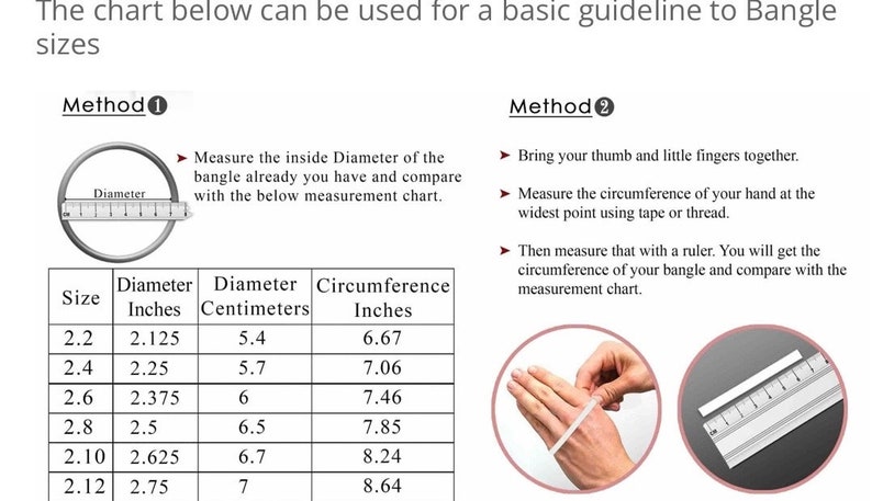 Puede incluir: Una tabla de instrucciones para tallas de brazaletes con dos m&eacute;todos. El m&eacute;todo 1 muestra un brazalete con una regla midiendo el di&aacute;metro interior. El m&eacute;todo 2 ilustra c&oacute;mo medir la circunferencia de la mano. Una tabla enumera las tallas.