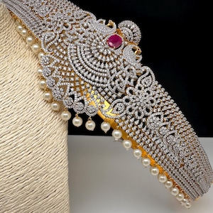 Hip Belt/Waist Chain/ Kamarbandh/Vadanam/Saree Belt/Kamarpatta/AD Floral Design Diamond Finish Ruby Red Stone Hip Belt Kamarbandh