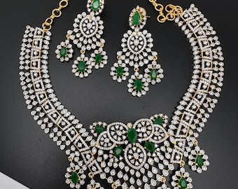 Emerald Diamond CZ Neckline Green Statement Necklace Cubic Zirconia Indian Jewelry/ Pakistani Jewelry
